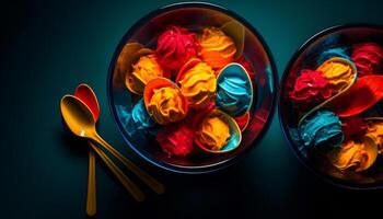 gourmet dessert dans une bleu bol avec multi coloré pétales généré par ai photo