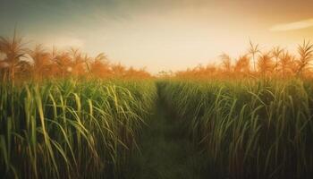 récolte riz dans une tranquille l'automne Prairie en dessous de lever du soleil ciel généré par ai photo