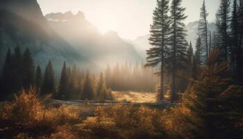 tranquille scène de pin des arbres dans l'automne forêt avec brouillard généré par ai photo