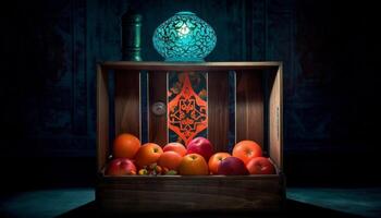 rustique table décoration avec antique lanterne et Frais biologique fruit généré par ai photo