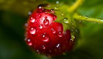 juteux mûr fraise, une laissez tomber de rosée, la nature sucré rafraîchissement généré par ai photo