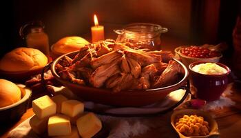 grillé Viande et des légumes sur rustique tableau, parfait pour fête généré par ai photo