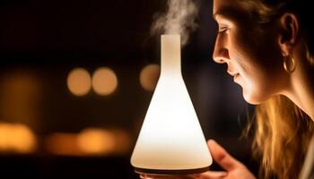 un Jeune adulte femme en portant décoration, souriant dans illuminé fête généré par ai photo