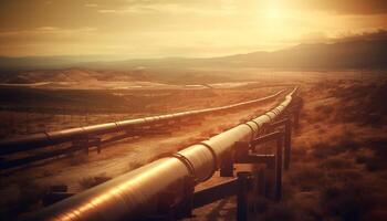 le coucher du soleil plus de Montagne gamme, pipeline transportant fossile carburant en plein air généré par ai photo