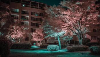 illuminé grattes ciels réfléchir sur eau, brillant ville la vie à crépuscule généré par ai photo