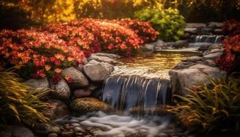 tranquille scène de écoulement eau, humide herbe, et vibrant fleurs généré par ai photo