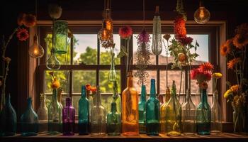 brillant Jaune bouquet illuminé par lanterne sur vieux façonné en bois étagère généré par ai photo