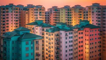 moderne grattes ciels éclairer bondé ville des rues dans haute angle vue généré par ai photo