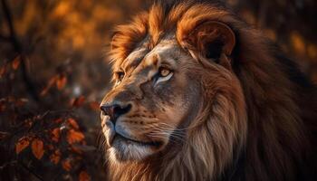 majestueux Masculin lion, fierté de le savane, à la recherche une façon en toute confiance généré par ai photo