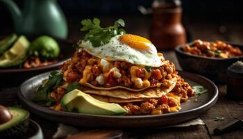 rustique fait maison taco avec grillé Viande, avocat, et épicé sauce généré par ai photo