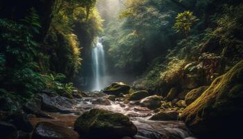 tranquille scène de écoulement l'eau dans une tropical forêt tropicale ravin généré par ai photo