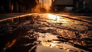 abandonné usine reflète ville la vie dans mouvement, illuminé par lumière du soleil généré par ai photo