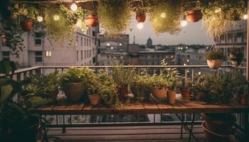 été balcon décor mis en pot végétaux, lanternes, et coloré fleurs éclairer généré par ai photo