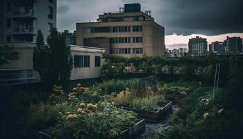 vieux gratte-ciel illuminé à crépuscule, moderne ville la vie disparition dans la nature généré par ai photo