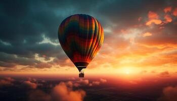 chaud air ballon en volant plus de vibrant été paysage à le coucher du soleil généré par ai photo
