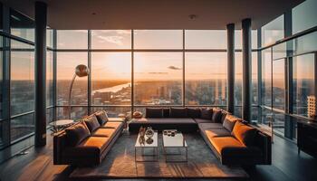 luxe grenier appartement avec panoramique paysage urbain vue et confortable fauteuil généré par ai photo