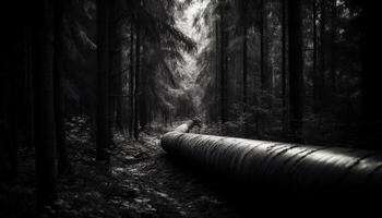 disparition point pistes à effrayant forêt avec humide, écoulement pipeline généré par ai photo