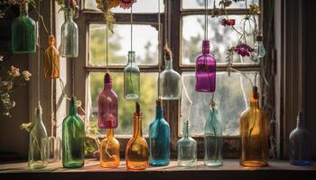 encore la vie arrangement de vieux façonné verre bouteilles et du vin pots généré par ai photo