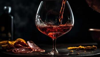 luxe du vin bouteille sur bois tableau, avec élégant verre de vin généré par ai photo