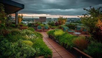 moderne ville horizon à crépuscule avec formel jardin et arbre généré par ai photo