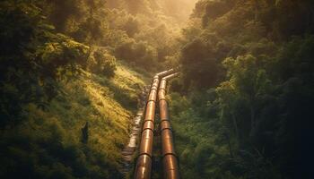 le coucher du soleil plus de acier pont, entouré par vert Prairie et forêt généré par ai photo