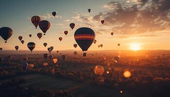 multi coloré chaud air ballon monte en flèche haute dans tranquille le coucher du soleil ciel généré par ai photo