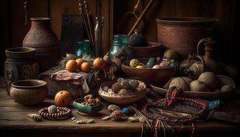 rustique poterie bol avec fait maison citrouille décoration sur vieux table généré par ai photo