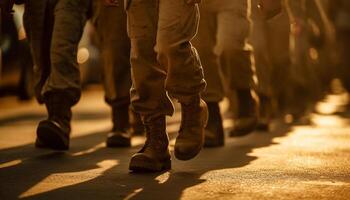 en uniforme soldats marcher dans formation par ville des rues dans fête généré par ai photo