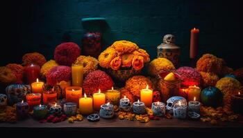 embrasé aux chandelles illumine effrayant Halloween décoration sur en bois table généré par ai photo