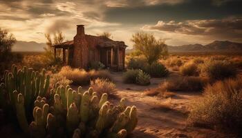 abandonné vieux se ruiner dans tranquille rural scène à le coucher du soleil généré par ai photo