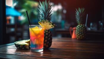 Frais tropical cocktail avec ananas tranche, citron vert et biologique fruit généré par ai photo