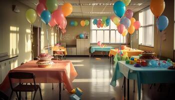 coloré anniversaire fête à l'intérieur avec des ballons, décorations, et desserts généré par ai photo