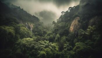 tranquille été une randonnée par tropical forêt tropicale à Montagne de pointe aventure généré par ai photo