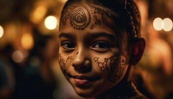 souriant Jeune adulte fille à la recherche à caméra dans illuminé décoration généré par ai photo