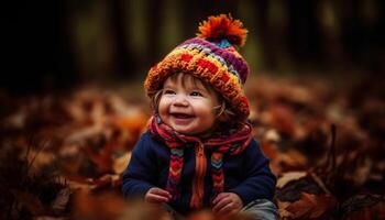 mignonne bambin souriant en plein air dans l'automne forêt, profiter la nature beauté généré par ai photo