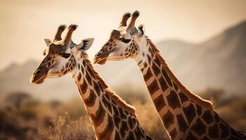 girafe permanent dans savane, à la recherche à caméra, retour allumé généré par ai photo