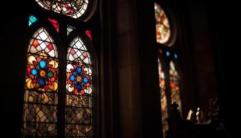 gothique architecture illumine spiritualité par coloré verre les fenêtres et autels généré par ai photo