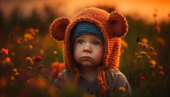 mignonne caucasien bambin souriant dans la nature beauté à le coucher du soleil généré par ai photo