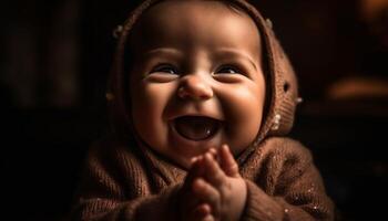 souriant bébé garçon, portrait de de bonne humeur innocence, à la recherche à caméra généré par ai photo