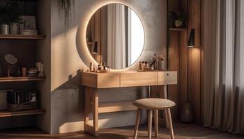 moderne national salle de bains conception avec élégant bois Matériel et luxe décor généré par ai photo