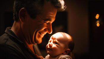 proche en haut portrait de affectueux père embrassement mignonne bébé garçon généré par ai photo