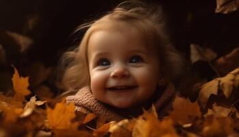 mignonne caucasien bambin souriant, en jouant dans l'automne forêt avec joie généré par ai photo