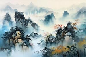 le paysage de montagnes et pagodes dans Chine. numérique peinture. une bleu Montagne La peinture capturer une magnifique paysage, fabriqués à la main avec méticuleux coups de pinceau. ai généré photo