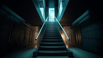 futuriste métro station vide couloir, illuminé escaliers, disparition point la perspective généré par ai photo