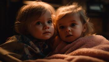 deux mignonne bébé les filles souriant, embrasser, et à la recherche à caméra généré par ai photo