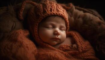 nouveau née bébé en train de dormir pacifiquement enveloppé dans doux couverture, pur innocence généré par ai photo
