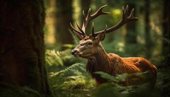 cornu cerf permanent dans tranquille forêt, l'automne feuilles entourer généré par ai photo