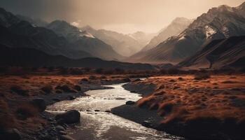 majestueux Montagne de pointe reflète tranquille scène dans humide temps périple généré par ai photo