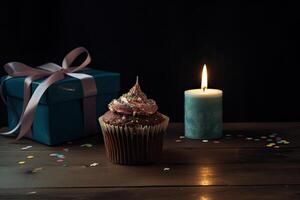 anniversaire petit gâteau avec bougie et cadeau boîte sur en bois tableau. une petit gâteau avec une anniversaire bougie sur il et une cadeau sur le côté, ai généré photo