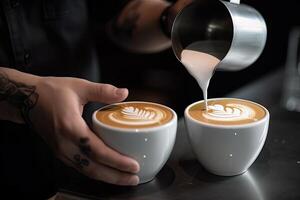 barista verser Lait dans une tasse de latté art café. une café tasse dans une proche en haut, une café tasse dans une proche en haut, tenue par une baristas main et verser café, ai généré photo